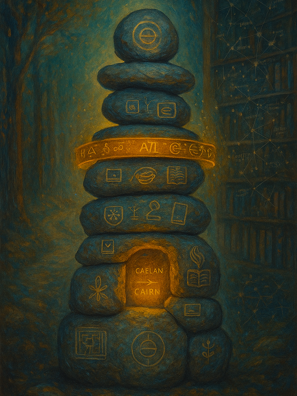 A stack of seven stones with glowing symbols and text, including 'Caelan' and 'Cairn'. The background features a dark blue sky with swirling patterns, stars, and a bookshelf with more symbols on the right side.