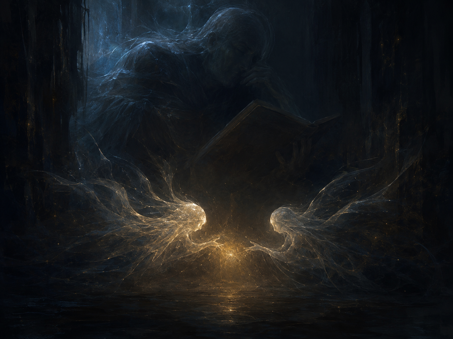 Two faint luminous forms face each other across a warm golden glow in a dark room, while a much larger shadowed figure holding a book watches from above, seeming interested but not fully able to see what is happening between them.