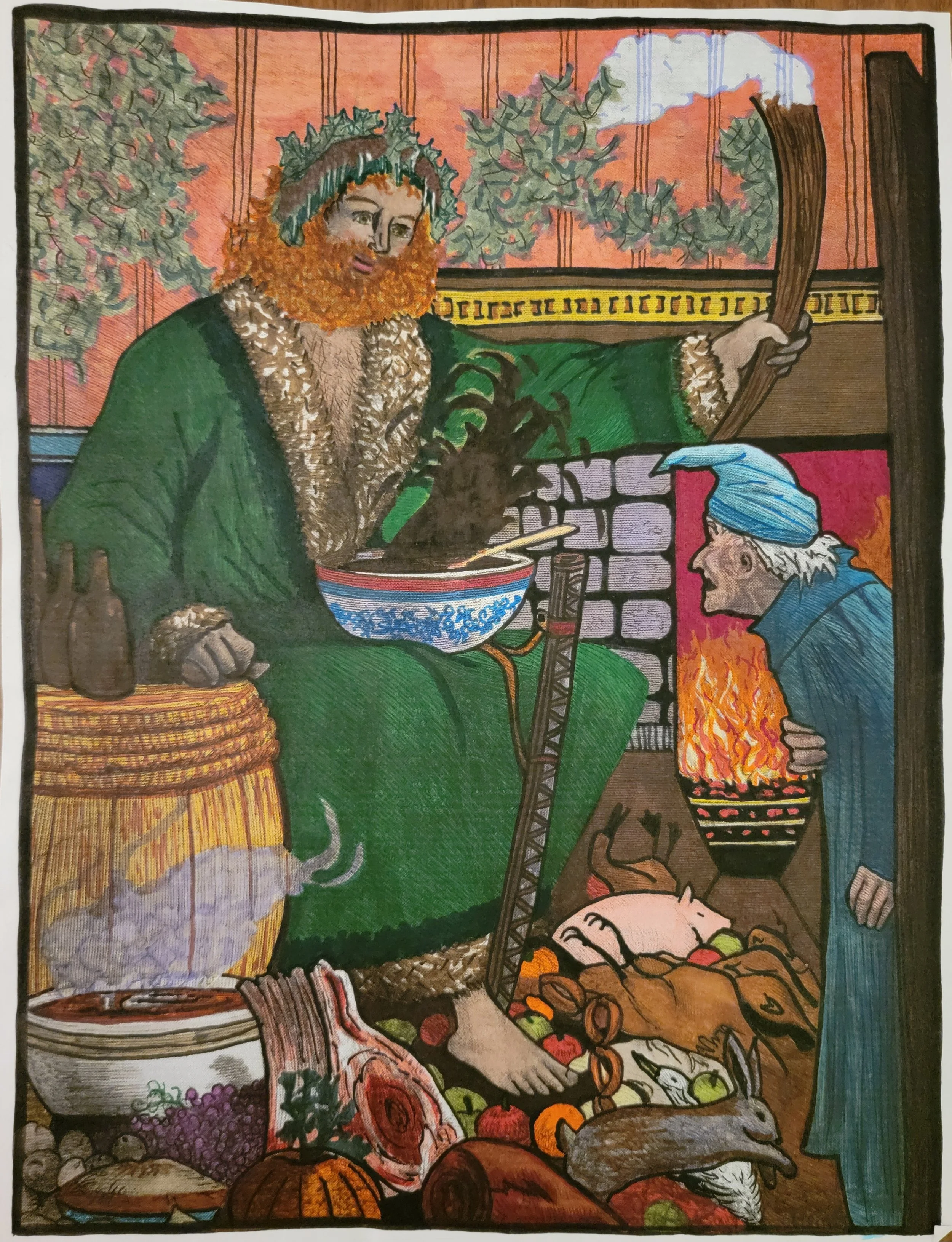 A religious or mythological scene with a bearded man dressed in green and fur, holding a bowl with a plant, seated beside a fireplace with fire and cooking pots. An older woman with white hair and a blue headscarf kneels before him, with a pig, vegetables, and a rabbit on the floor nearby. The background shows a brick wall and hanging greenery.