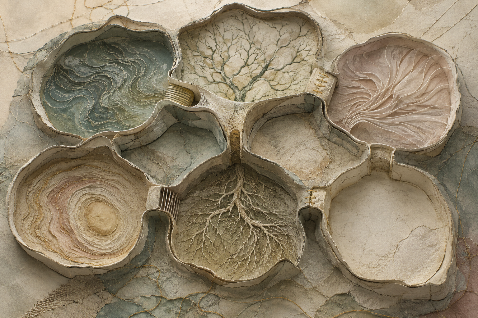 An abstract relief of eight connected chambers formed from layered parchment, pale stone, and stitched mineral seams. Distinct patterns fill the spaces