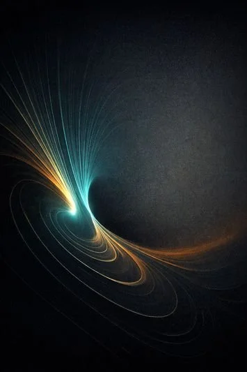 Abstract digital artwork with colorful light streaks creating spiral patterns on a dark background.