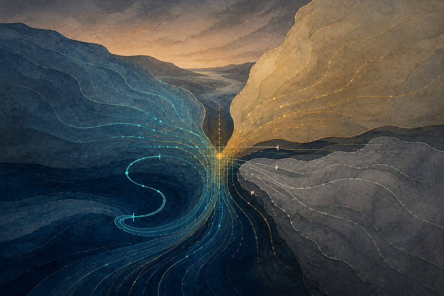A wide companion illustration in deep blue, mineral gray, parchment, turquoise, and amber. Three differently contoured mineral domains meet around a luminous central confluence. Fine information pathways approach the junction