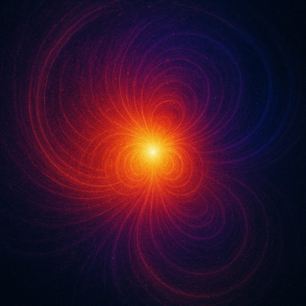 Bright central explosion in space with swirling lines and stars around it.