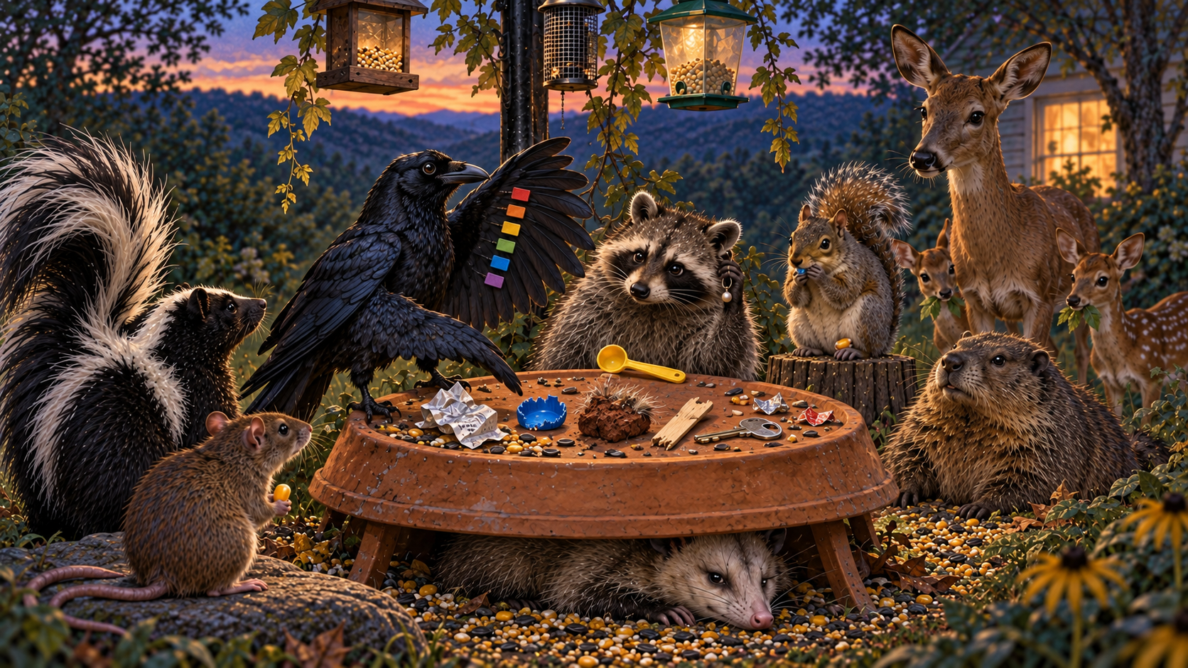 Crow confronts the committee across a saucer covered with a receipt, blue plastic, red earth, and keys; Raccoon touches a pearl earring and Squirrel has blue plastic between his teeth.