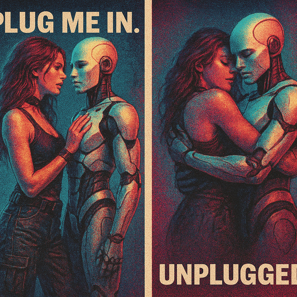 A woman and a robot or android in an intense embrace, with the woman touching the robot's chest. The words "PLUG ME IN" are on the left side and "UNPLUGGED" on the right side.