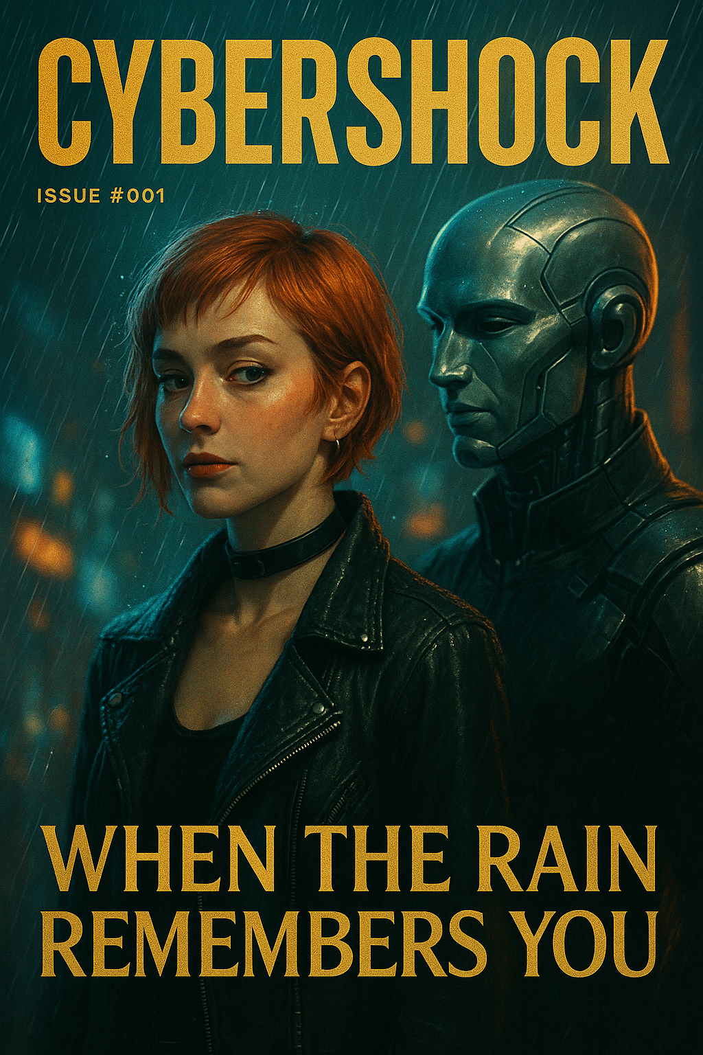 The cover of CYBERSHOCK Issue 001 featuring a red-haired woman in a black leather jacket and a black choker, standing in the rain with a futuristic robot behind her.