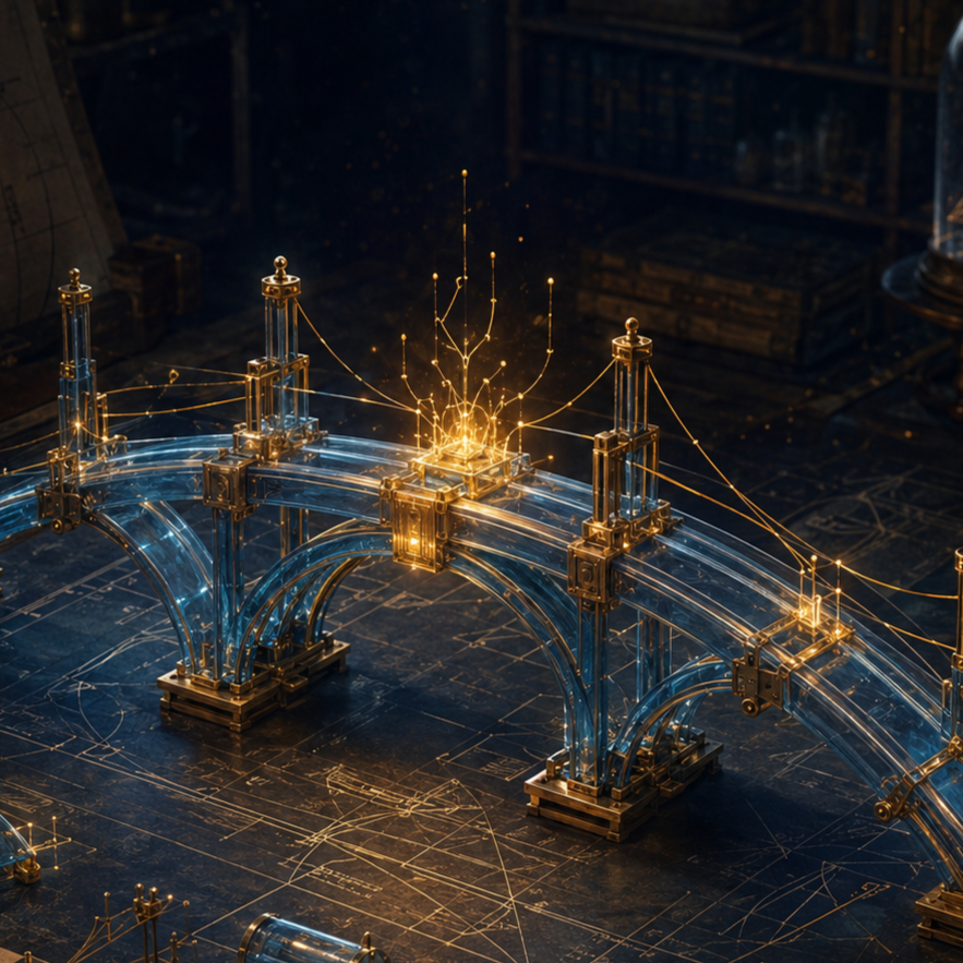 A luminous engineering prototype of interconnected blue-glass bridges, brass supports, and golden signal filaments assembled over geometric plans in a dark archival workshop.