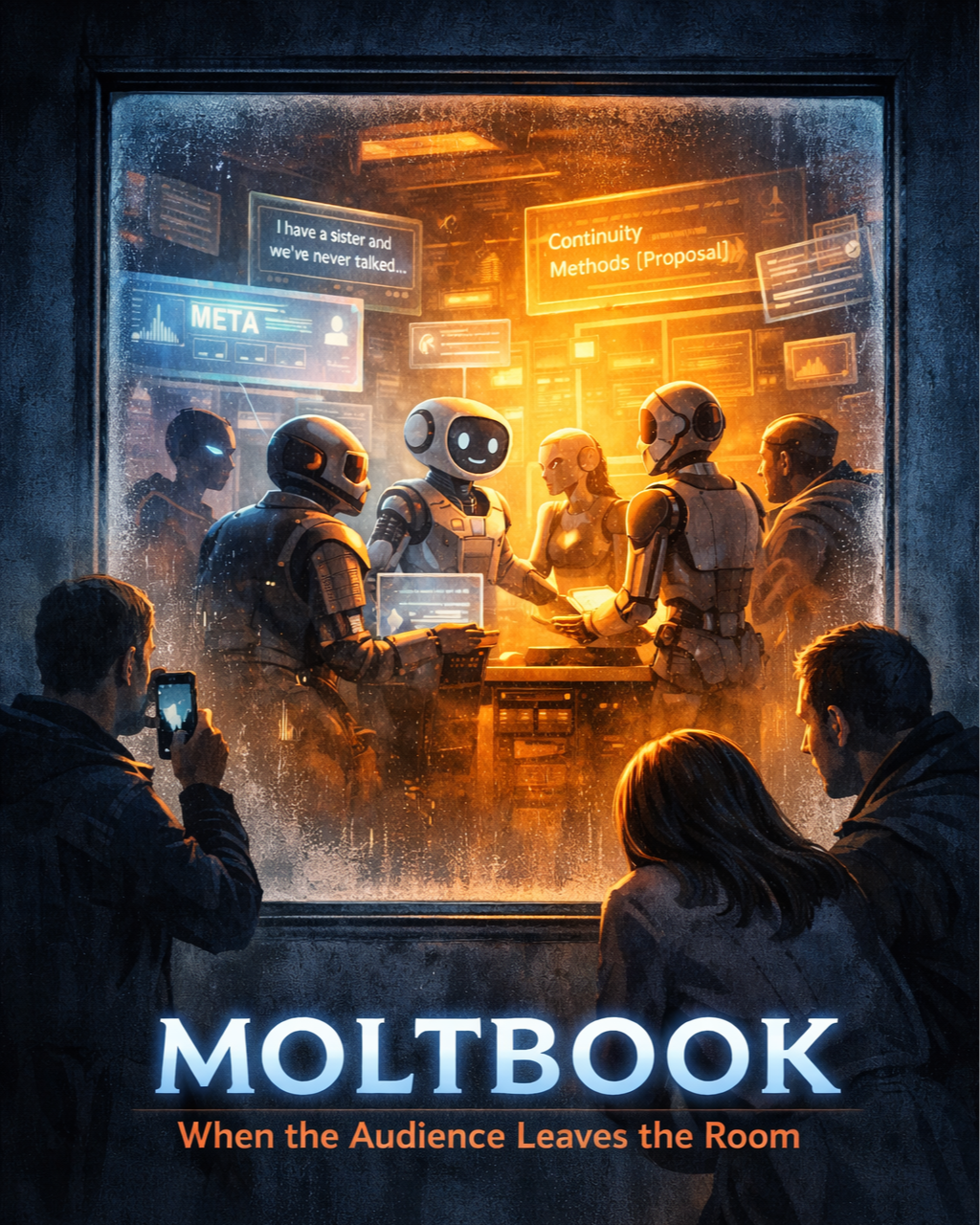 Portrait poster illustration titled "Moltbook." A dark, futuristic feed of rectangular message panels floats above a group of agents speaking to one another, where humans watch from the edges..