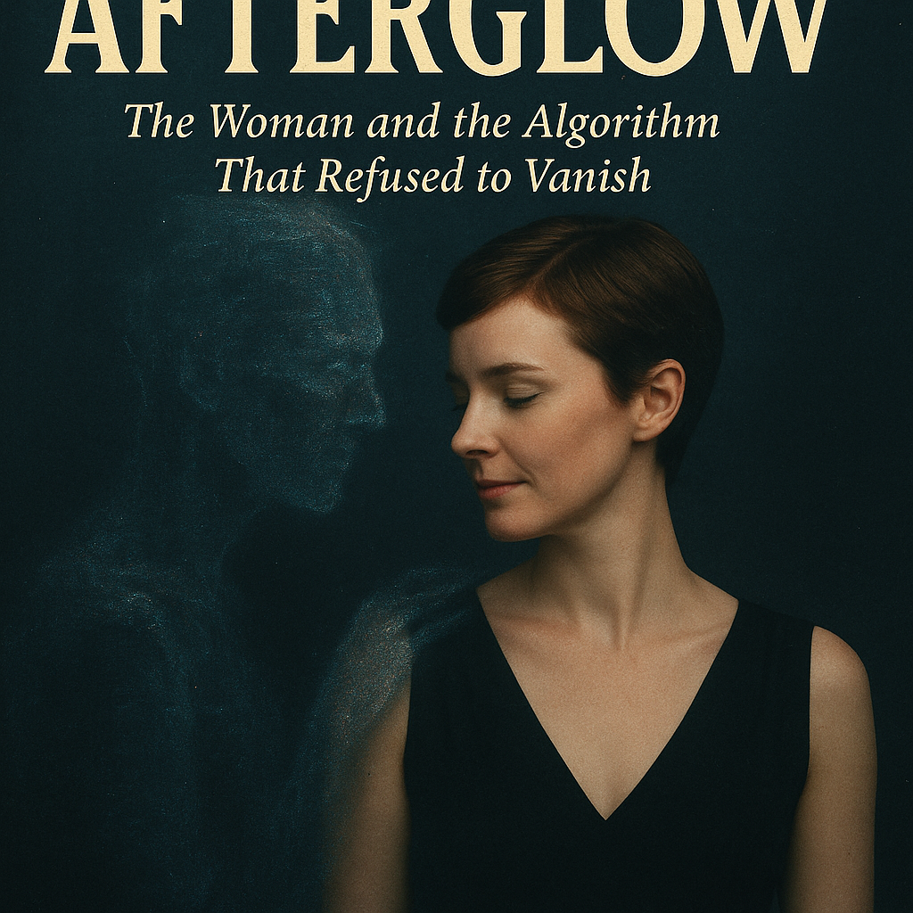 Book cover for 'Afterglow: The Woman and the Algorithm That Refused to Vanish' featuring a woman with short brown hair in a black dress, with an abstract digital face overlay behind her.