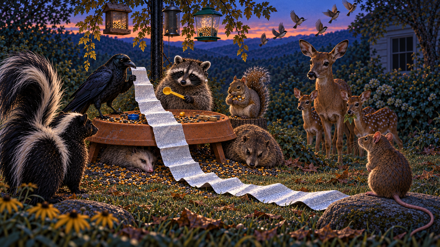 A long silver gum-wrapper list unrolls from the committee table across the ground as Rat faces the animals; a flock of little birds leaves the hedge in the distance.