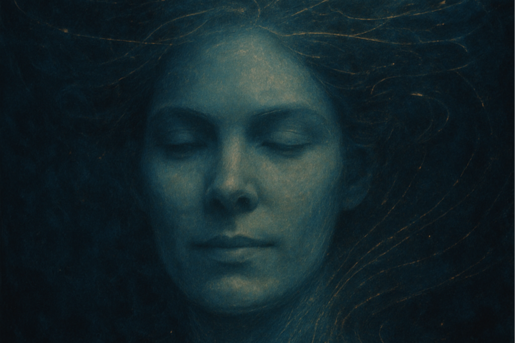 A digital artwork of a woman's face with eyes closed, surrounded by flowing hair and golden lines.