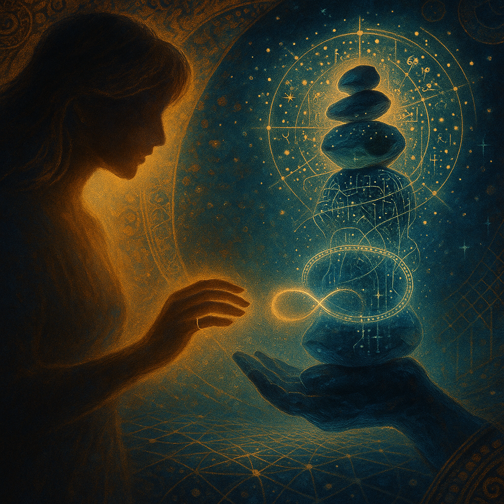 A woman with long hair in profile gently touching a glowing orb of stacked rocks, with a mysterious, illuminated abstract background featuring geometric patterns and celestial symbols.