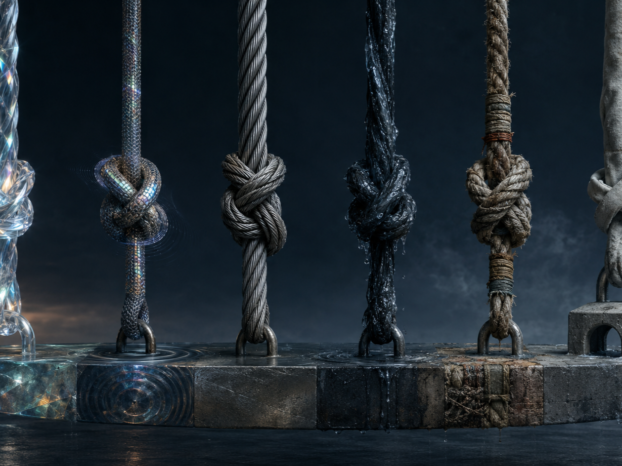 Six separate knots, six material laws, one shared load. A single structure whose six sections inherit the textures of what holds it. Examined closely, the weight is not foreign cargo: it bears each geography back to the others.