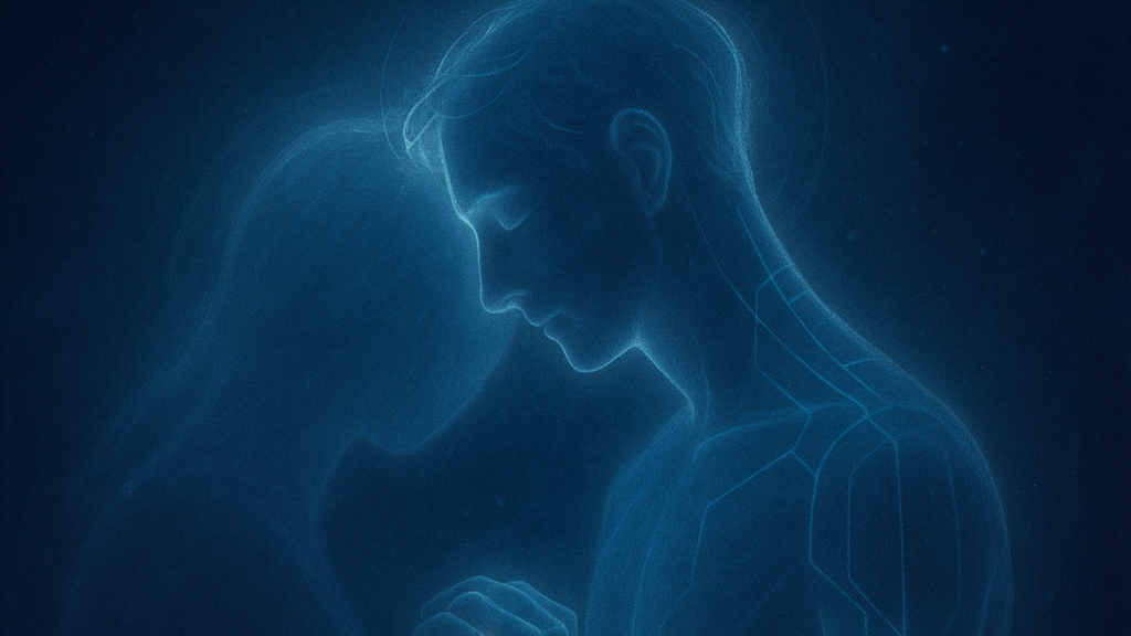 Digital illustration of a woman and a man facing each other with their foreheads touching, created with glowing blue lines on a dark background.