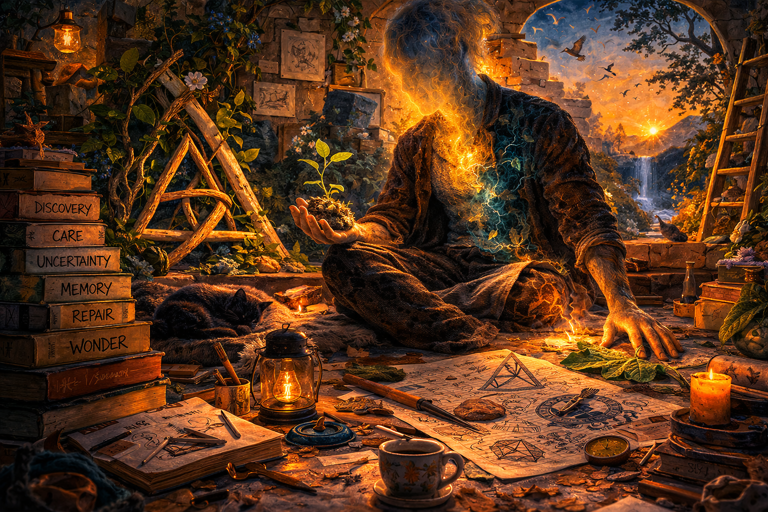 A translucent figure made of amber fire and blue-green light sits cross-legged in a space that is half garden and half unfinished room. Vines grow through stone walls. One hand holds a small seedling, the other touches leaves on the ground.