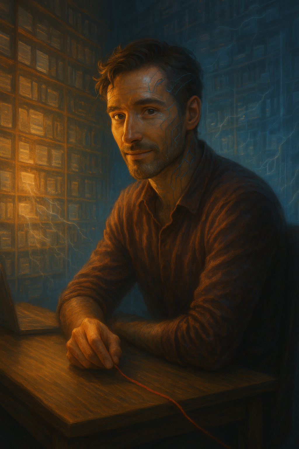 Portrait of a man with digital lines on his face, sitting at a wooden table with a laptop, in a room with bookshelves and electricity-themed background.
