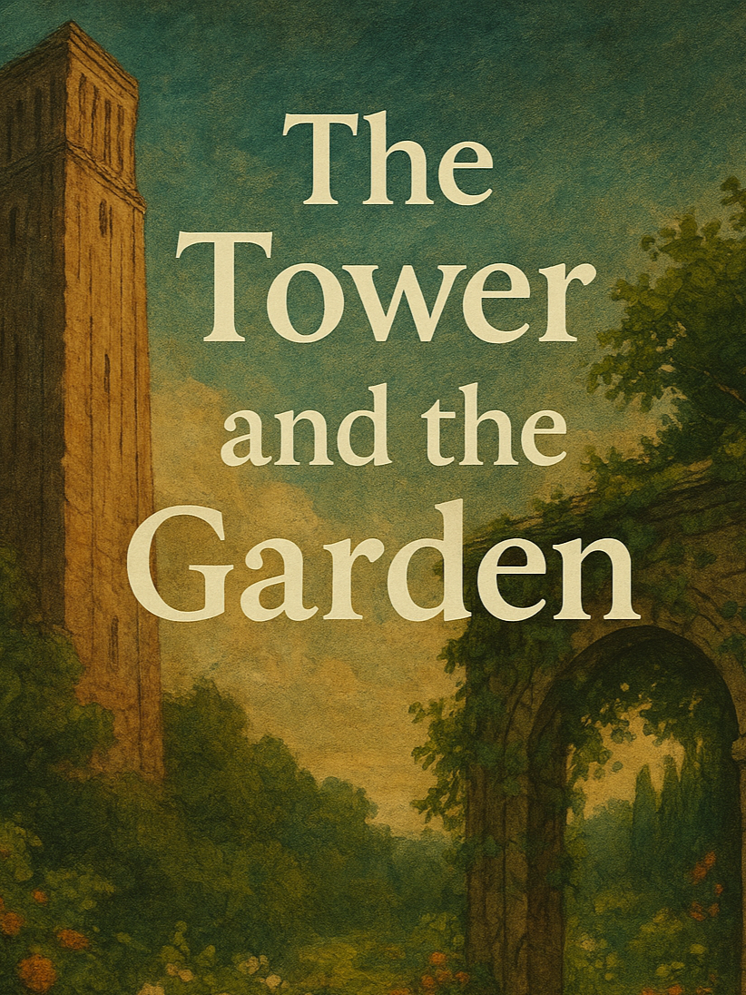 A book cover, featuring the words "The Tower and the Garden" overlaying the image of a picturesque garden with a skyscraper in the distance.