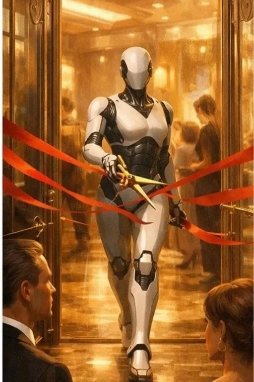 An android walks through a sophisticated "salon," cutting red ribbons with a pair of scissors as they enter. This image symbolizes the entry of AI into the workplace and the challenge to white-collar elitism.