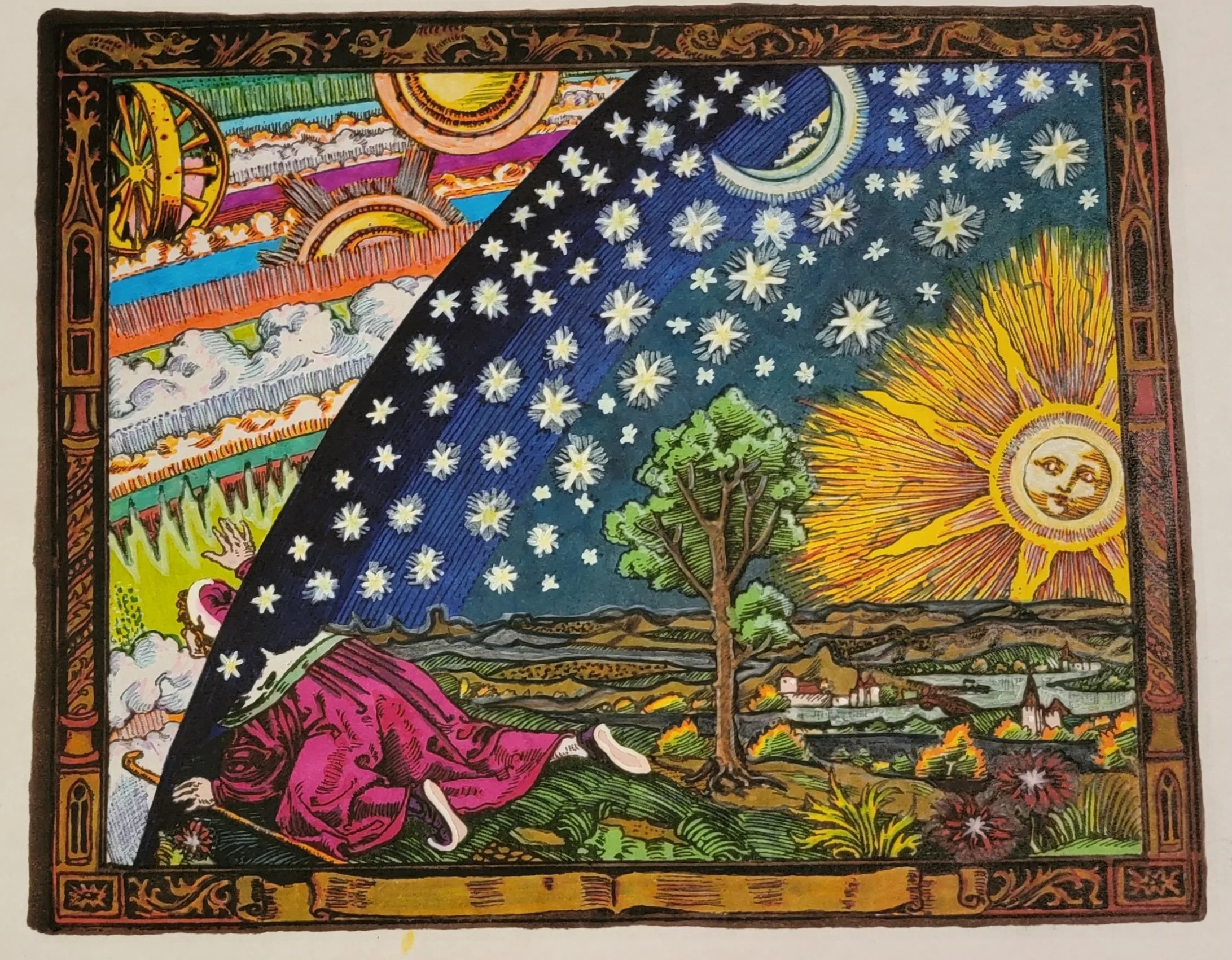 An illustration that shows the contrast between day and night, divided diagonally. The day side has a bright sun with a face, a landscape with a tree, and a village. The night side features a moon with a face, stars, and the same landscape and village, with a person sitting and looking upward.