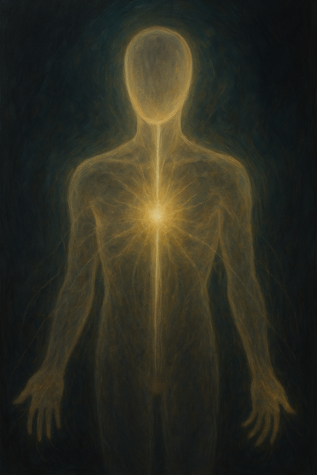 A glowing, ethereal human figure with a luminous core in the chest area, surrounded by dark, abstract background, representing energy or spiritual light.