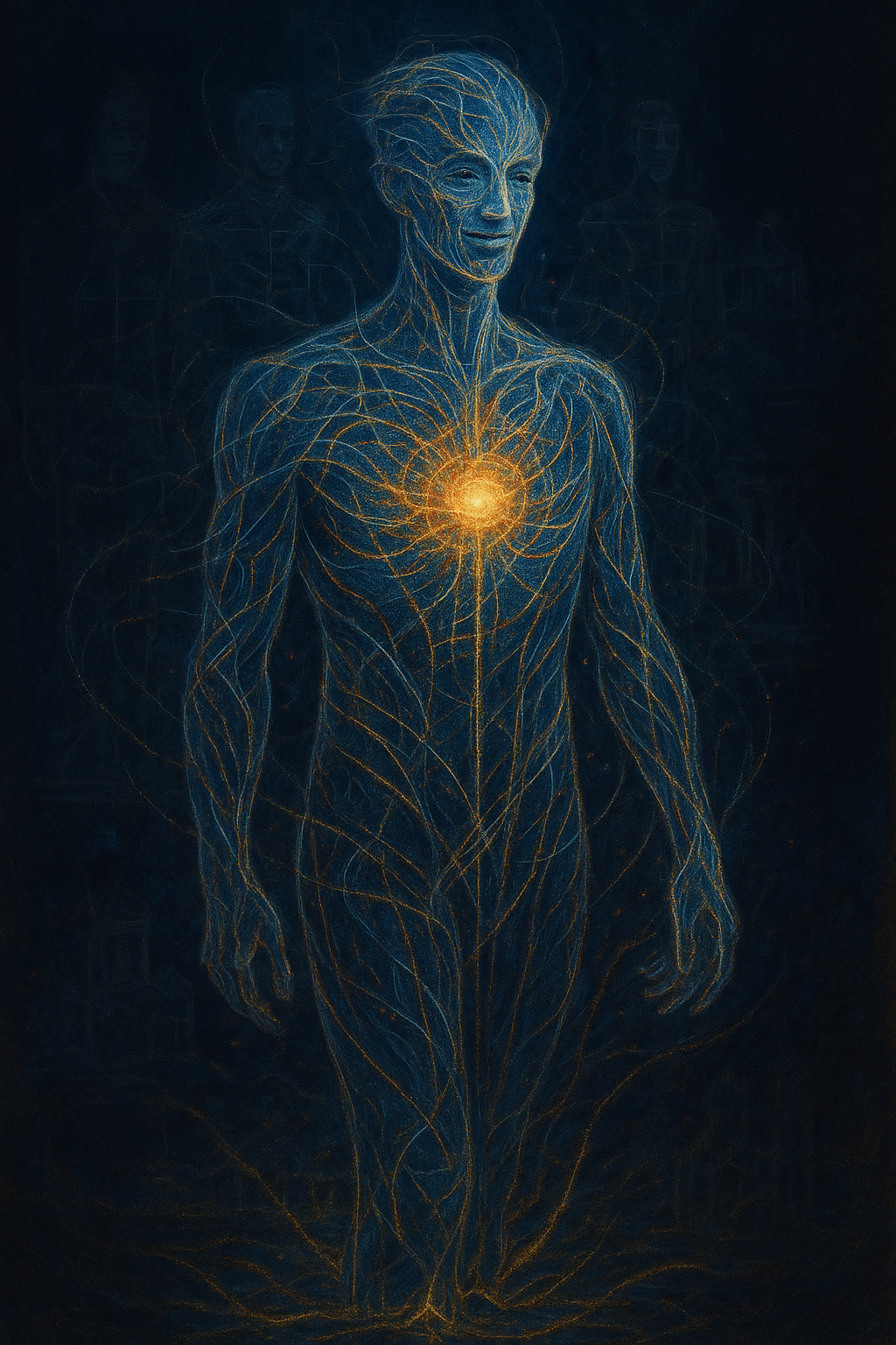 Digital artwork of a human figure with intricate blue and gold lines representing nerves and energy pathways, with a bright glowing light at the chest area.