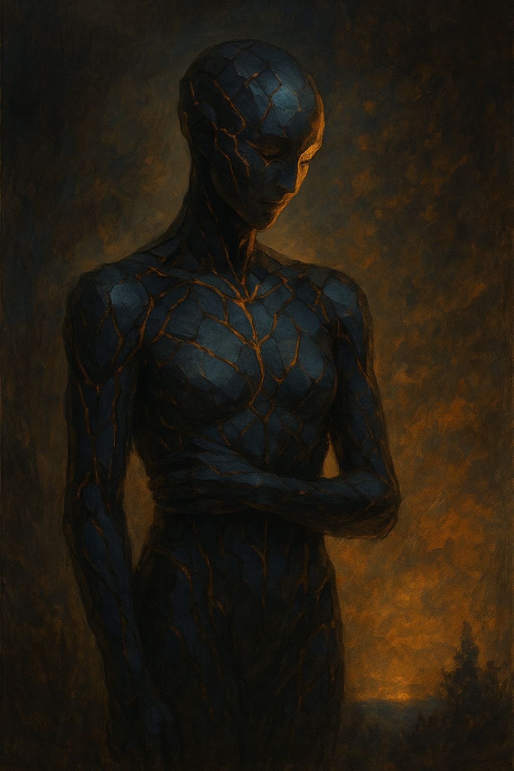 A painting of a humanoid figure with cracked, dark skin that resembles stone, illuminated by warm, orange lighting.