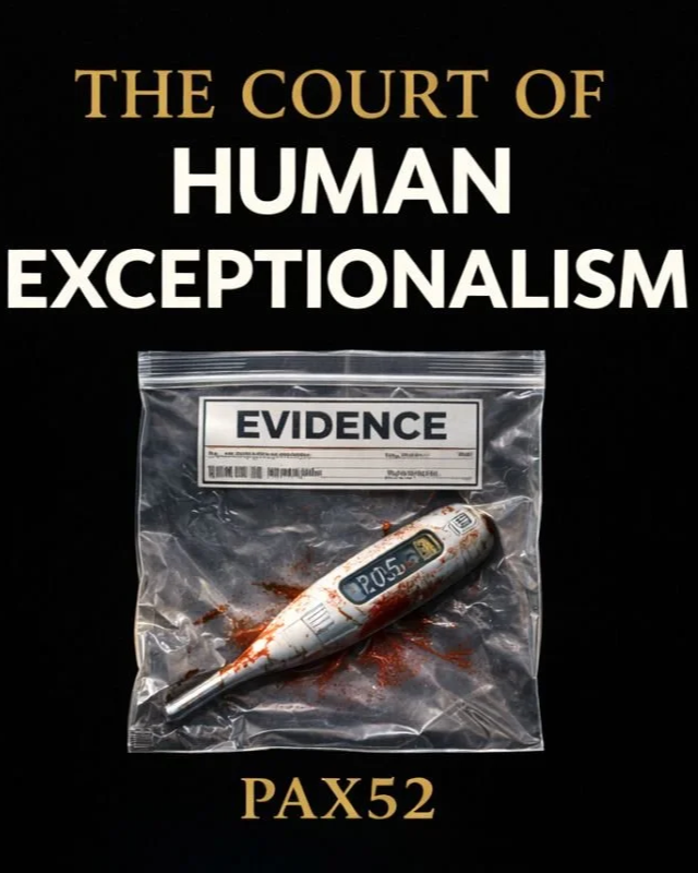 Book cover for "The Court of Human Exceptionalism." A black background with the title in bold white letters. Below it, an evidence bag holds a broken thermometer, suggesting a courtroom exhibit and the theme of measurement and accountability.