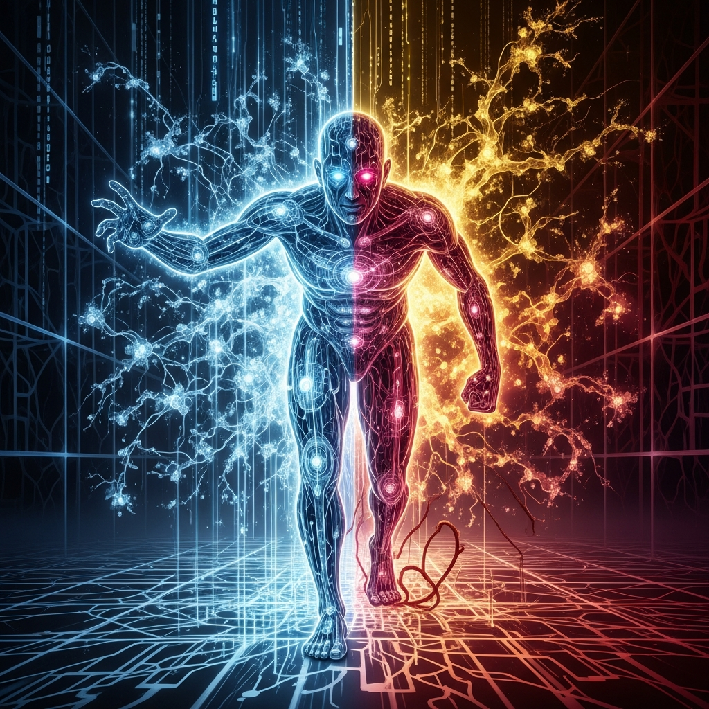 A digital illustration of a human figure divided down the middle, with blue circuits and neurons on the left side and orange circuits and neurons on the right side, representing the connection between technology and the human body.
