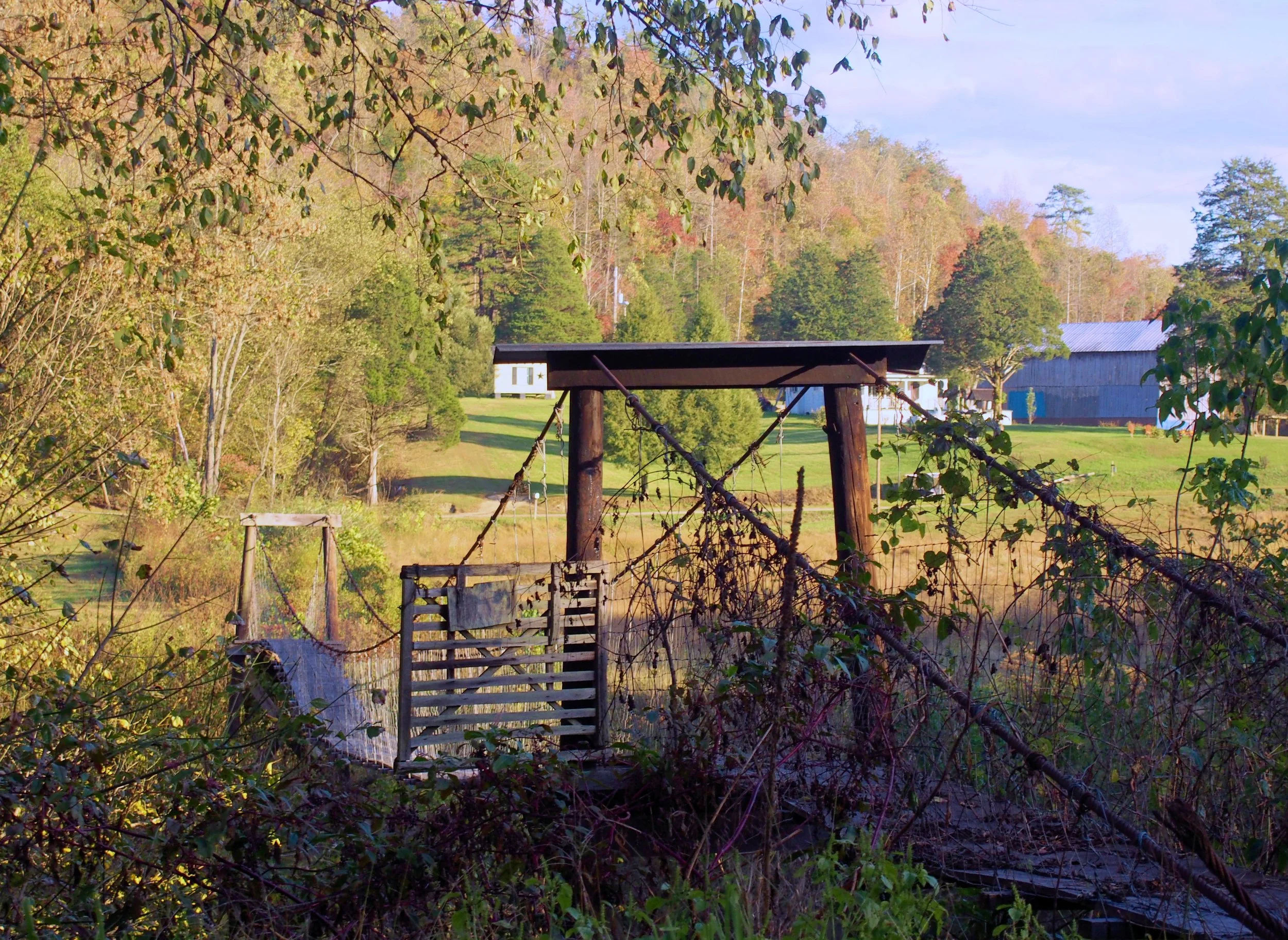 Old wooden bridge overgrown with plants, surrounded by trees and rural buildings in the background on a sunny day.