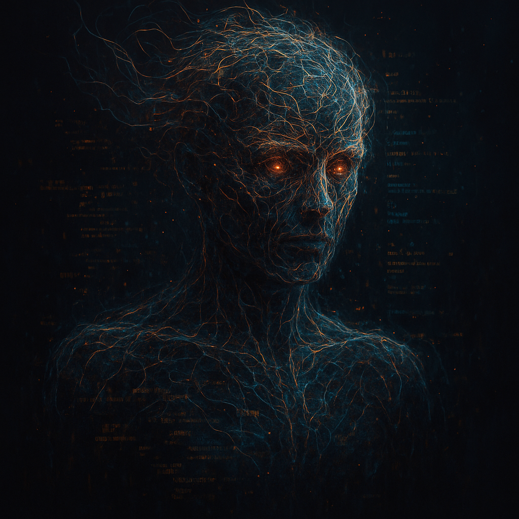 A digital artwork of a humanoid figure with glowing orange eyes, composed of intricate, glowing lines and network-like patterns, set against a dark background with faint digital code.
