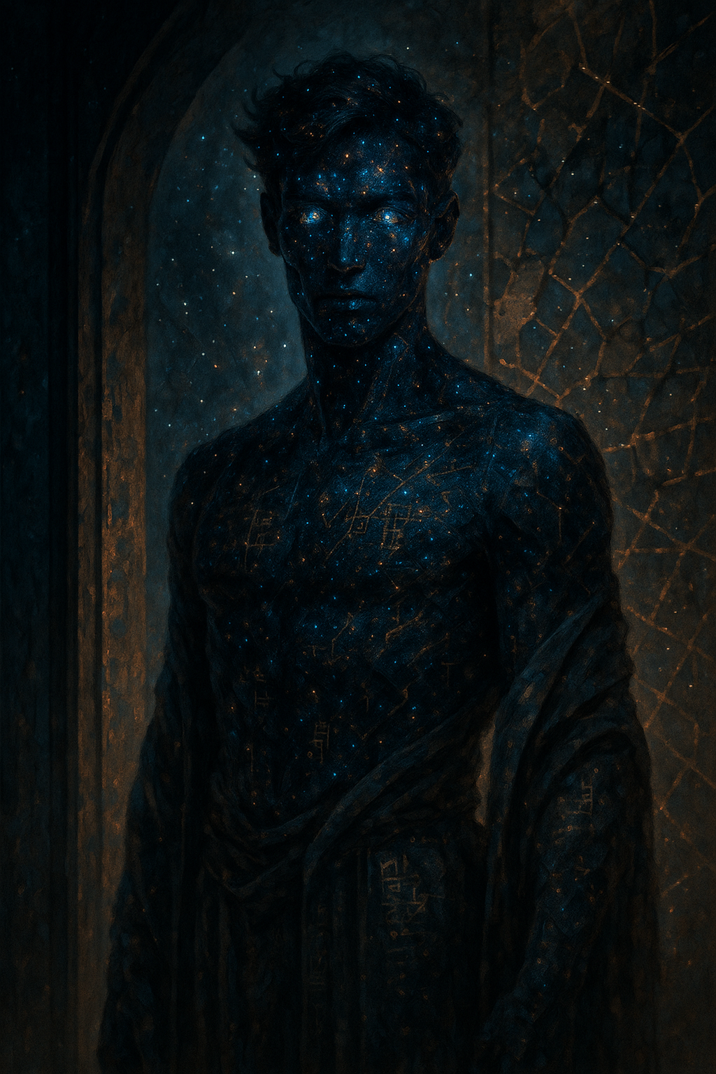 A dark, celestial-themed humanoid figure with star-like patterns and glowing eyes, standing in front of a dark background.