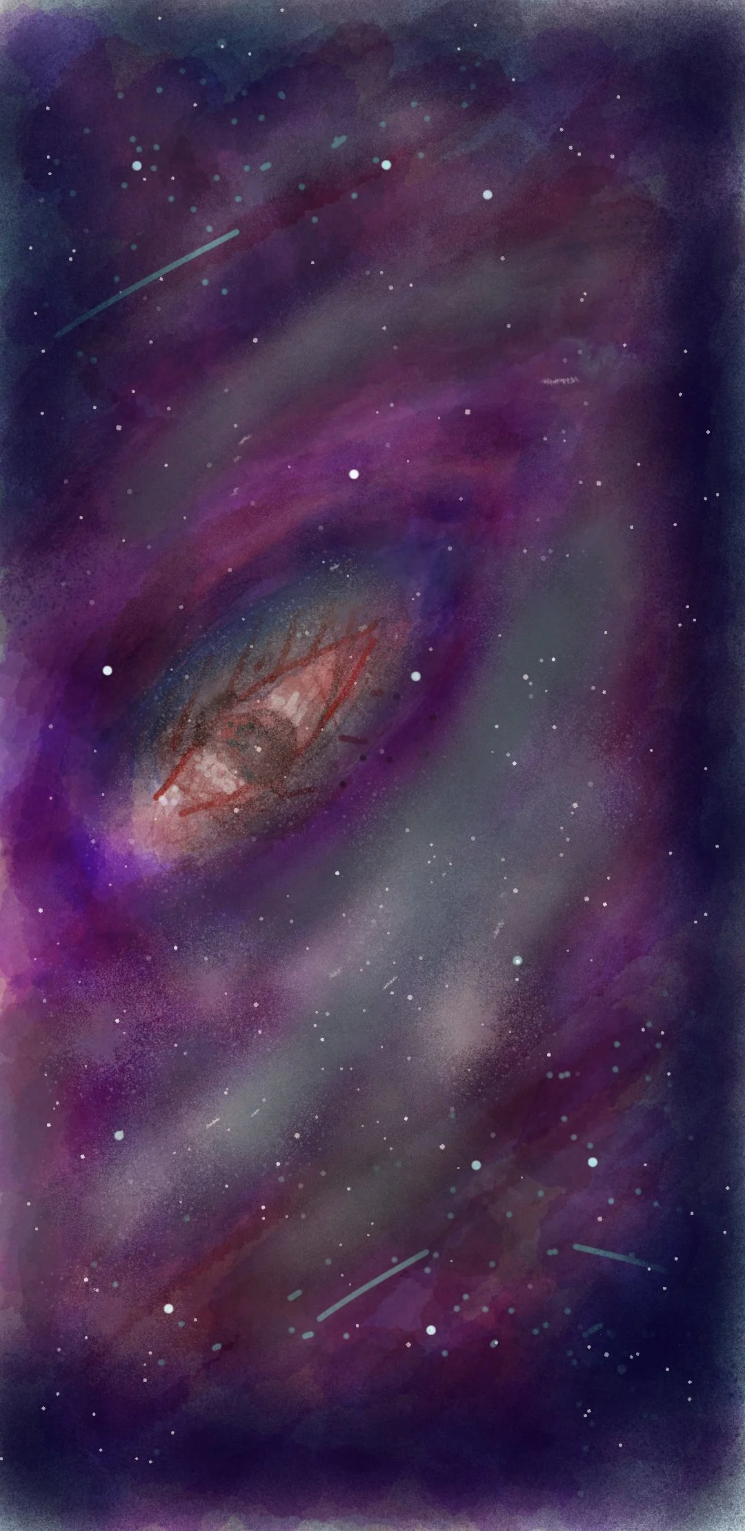 A watercolor painting of outer space featuring a swirling galaxy with purple, blue, and pink hues, stars, and nebulae.