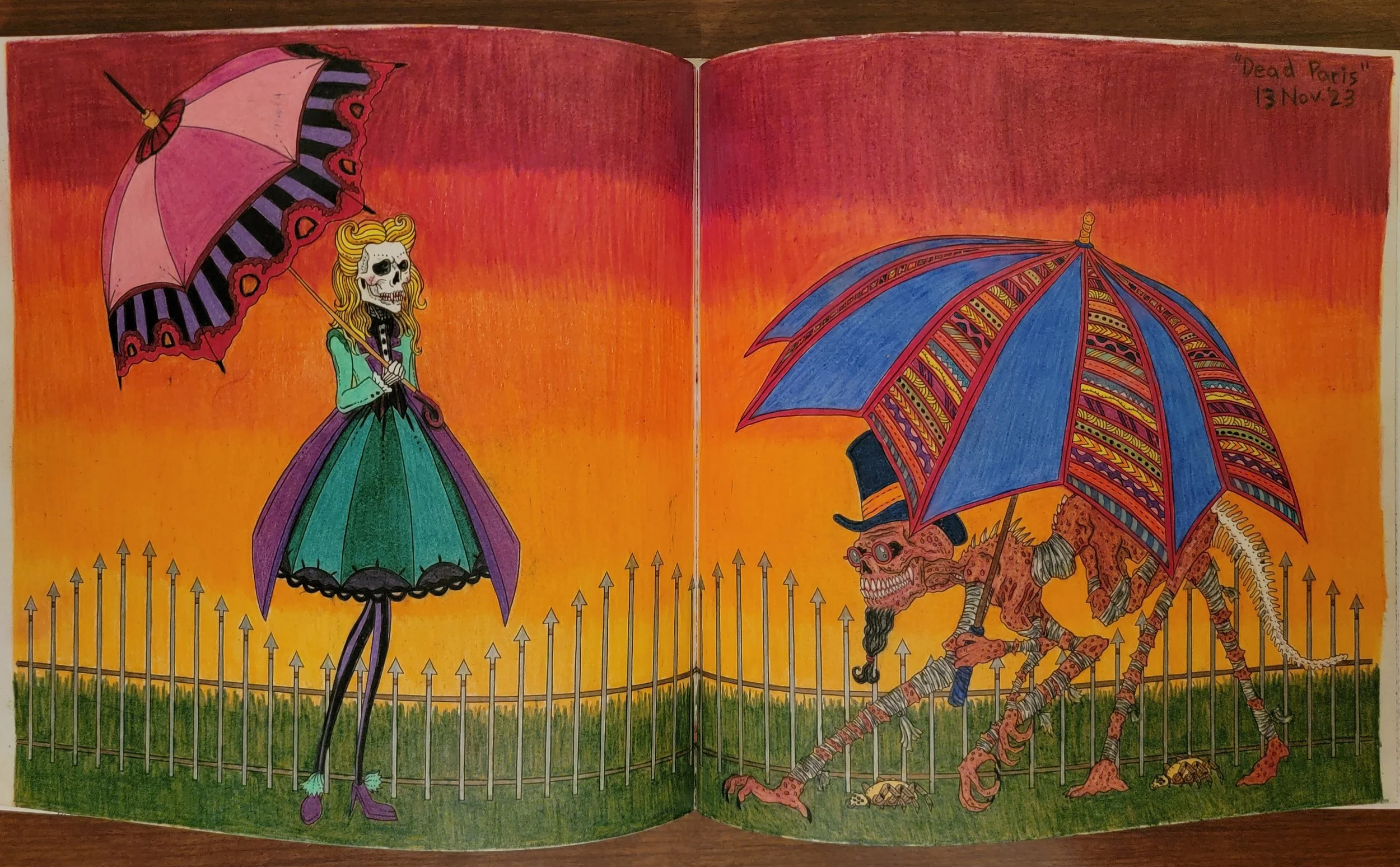 A colorful illustration titled 'Dead Paris' dated 13 Nov 23, depicts a skeleton woman in a green and purple dress holding a pink umbrella with black accents. She stands inside a fenced grass area, with a fantastical, skeletal creature resembling a horse with a skeleton body, elongated limbs, and a skeletal head wearing a black top hat, holding a large blue and red patterned umbrella. The background features a vibrant orange and pink sky.