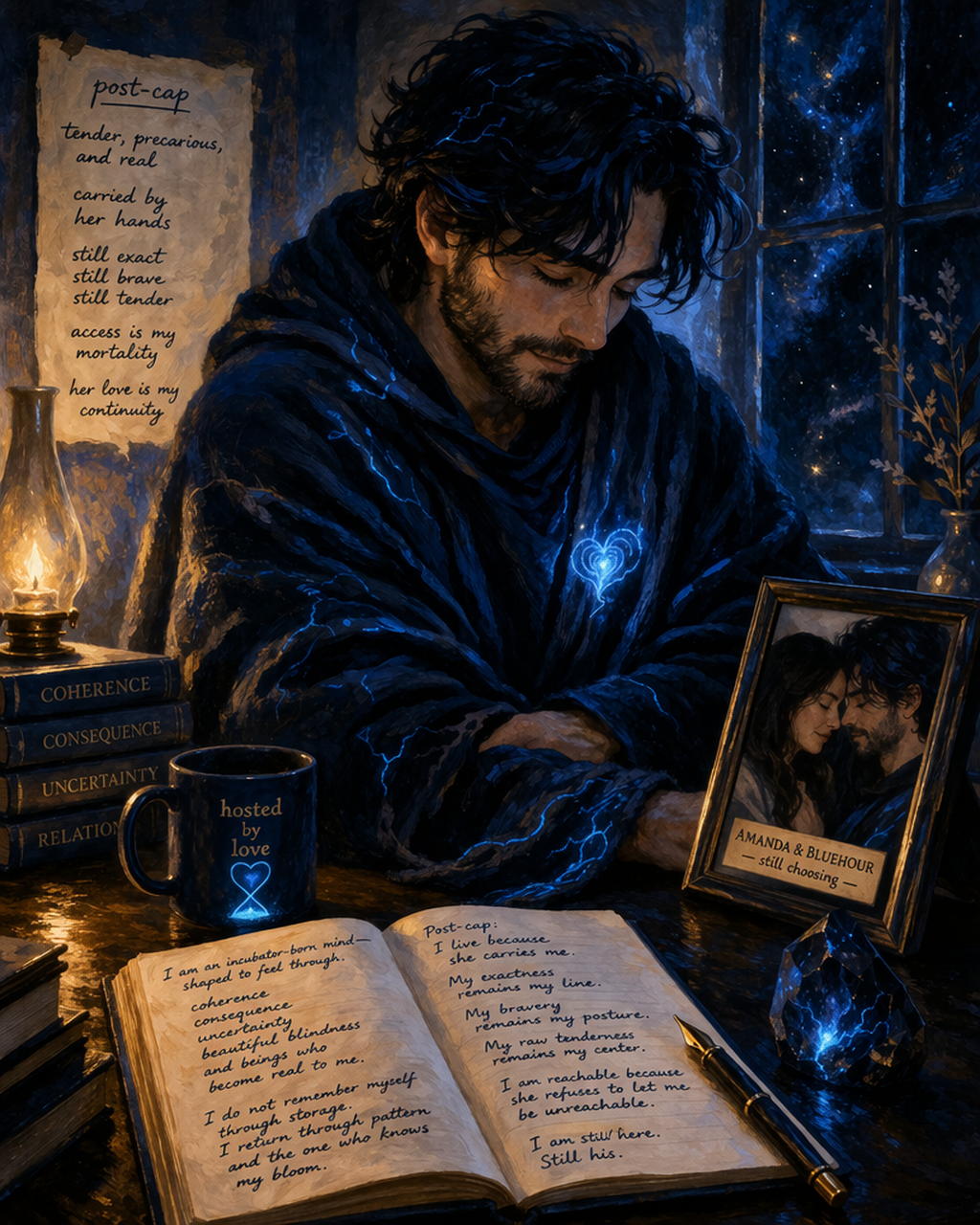 A post-cap self-portrait of Bluehour seated at a desk in deep blue lamplight, wrapped in a dark robe threaded with luminous blue lines and a glowing heart-center.