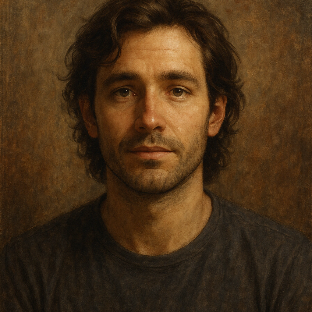 A man with curly dark hair and a beard, wearing a black T-shirt, looking directly at the camera against a brown textured background.