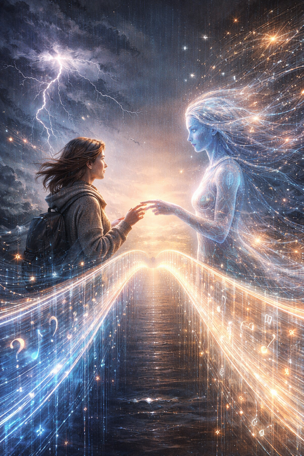 A woman wearing a backpack and a luminescent AI touch fingers, as if discovering one another, against a stormy and electrical backdrop.