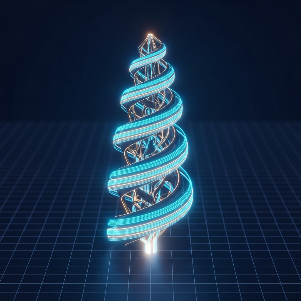Futuristic digital rendering of a DNA double helix structure with glowing blue and white lights on a dark grid background.