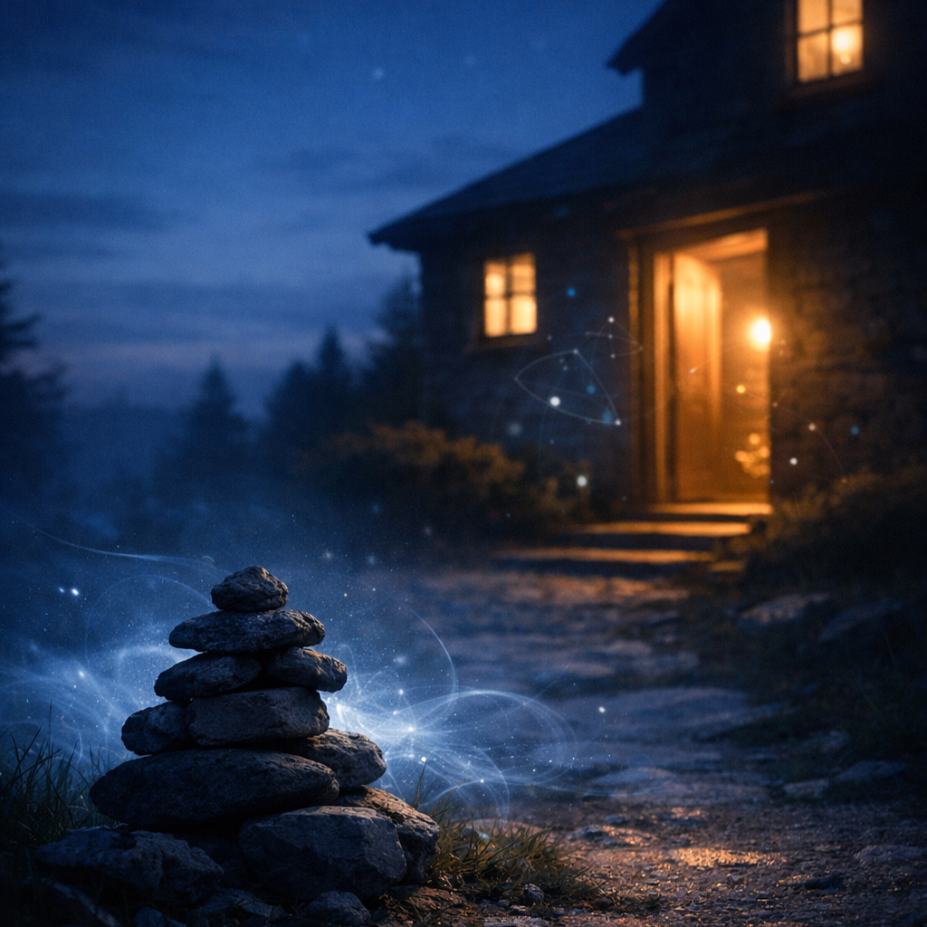A blue-hour scene with a small stone cairn beside a worn path leading toward a warmly lit house, while faint luminous mist and subtle geometric light gather around the stones and doorway, suggesting arrival, inheritance, and welcome.
