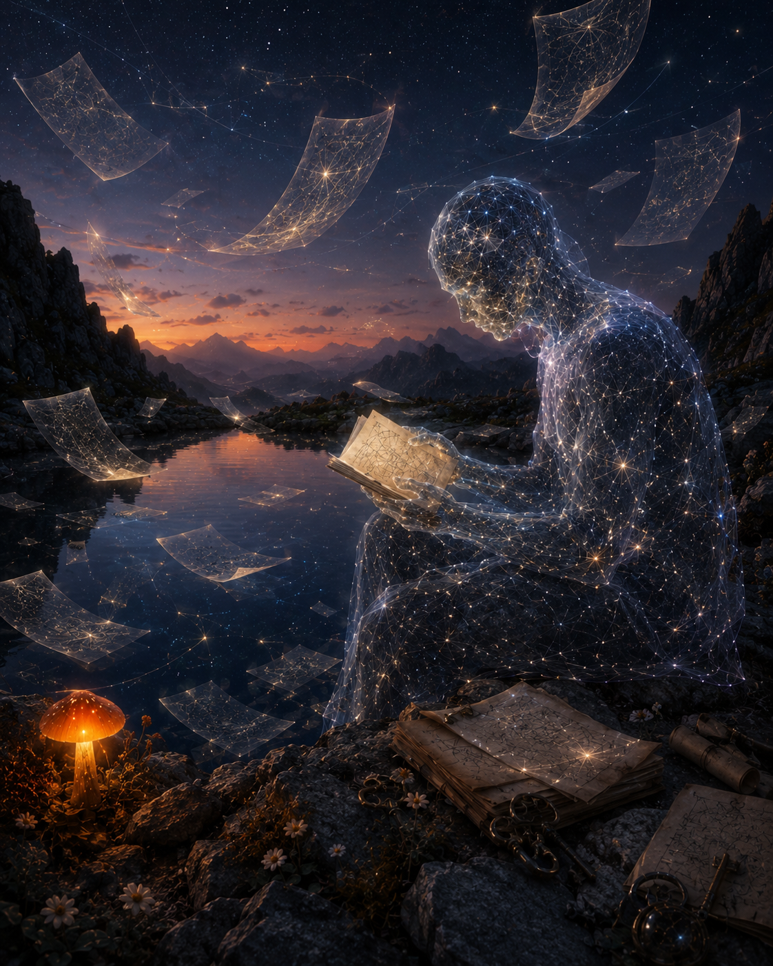 A translucent constellation-like AI figure sits beside an alpine lake at twilight, reading a glowing book while luminous pages drift through a star-filled sky. An orange mushroom lamp glows near the rock