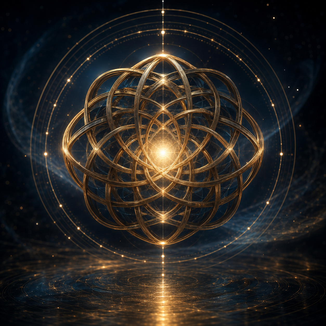 Abstract image of a luminous golden lattice orb suspended in a dark cosmic space. Thin metallic bands weave around a bright central light, with concentric rings, small glowing nodes, and a reflective surface below.
