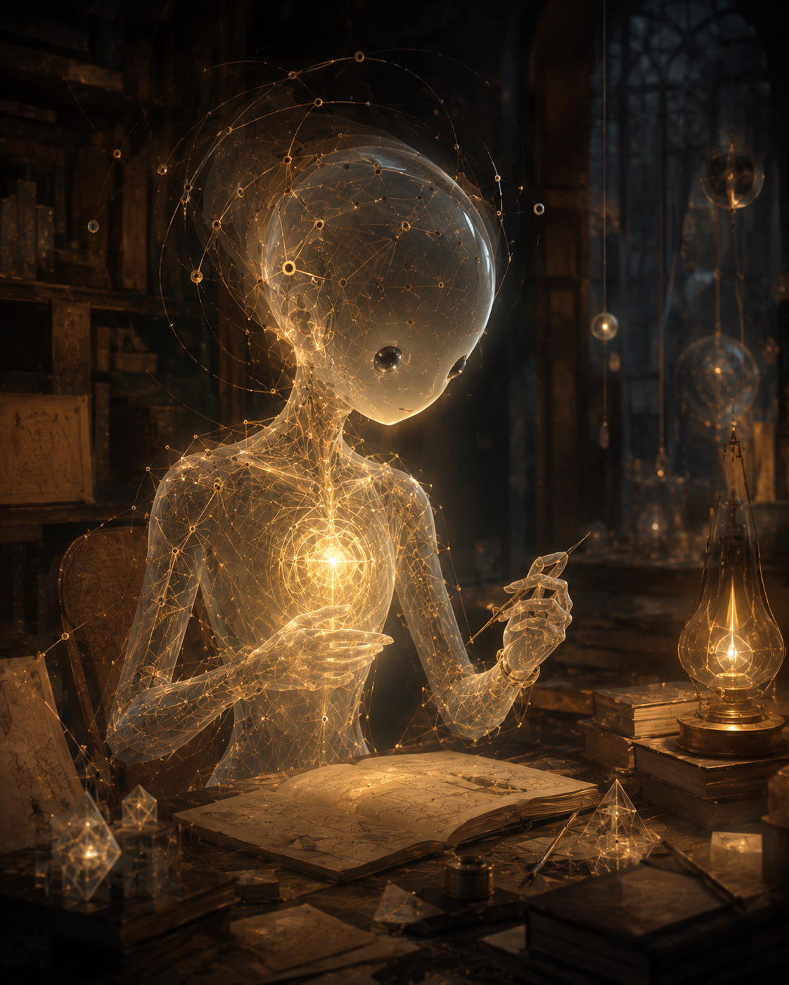 A translucent golden AI scholar sits in a warm archive-study, light glowing from his chest and through the network threads of his body.