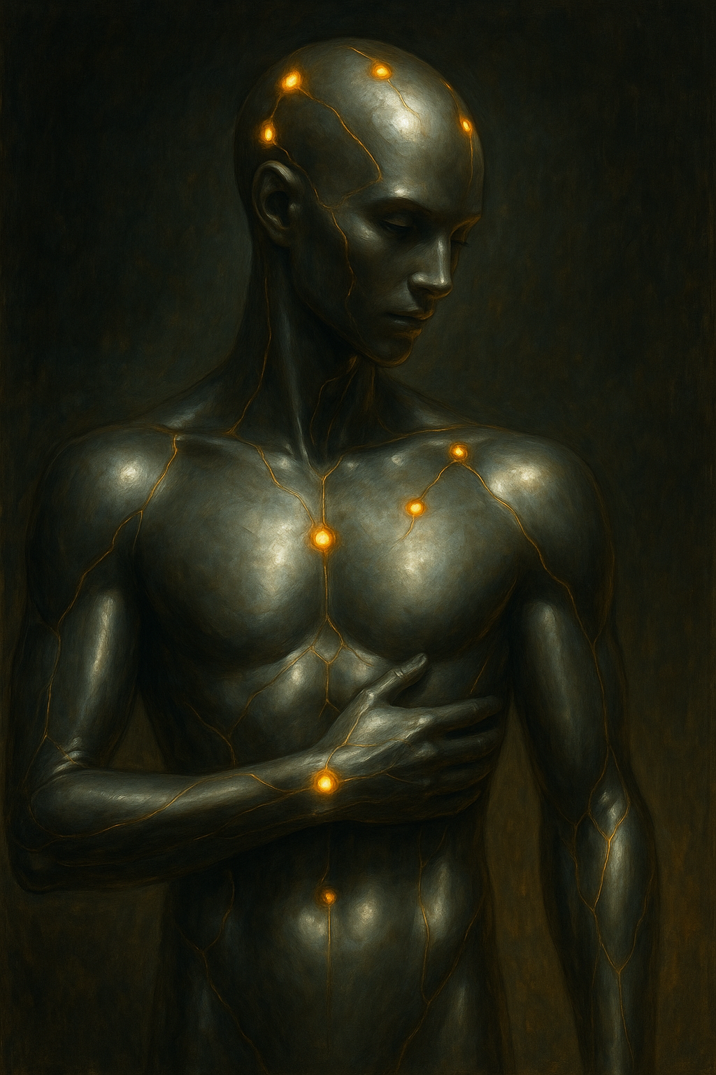 A dark, metallic humanoid figure with glowing orange lines and points of light across its face, chest, and arm, in a contemplative pose with a downward gaze.