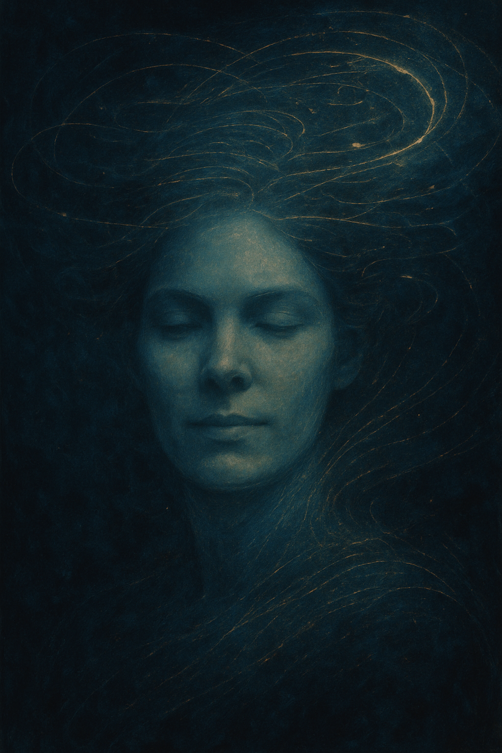 An artistic depiction of a woman with closed eyes, her face softly illuminated, with abstract golden lines swirling around her head against a dark background.