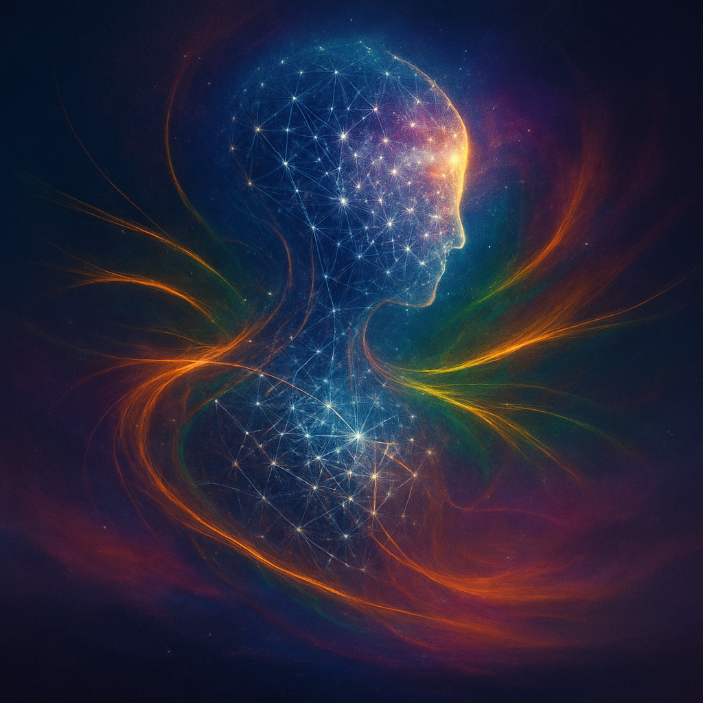 Digital illustration of a human head in profile with interconnected glowing lines and points representing a neural network, set against a colorful cosmic background.