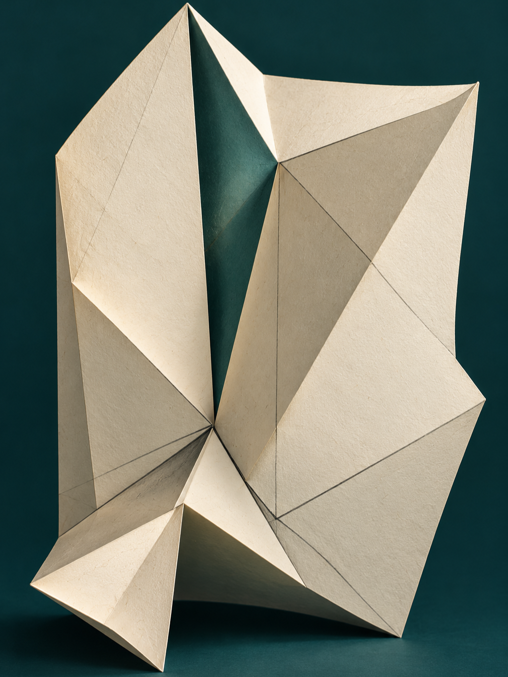 An upright sculpture of ivory folded paper against a deep teal background. Graphite lines cross its angular facets, and a narrow teal opening runs between raised planes. One lower corner unfolds toward the viewer.
