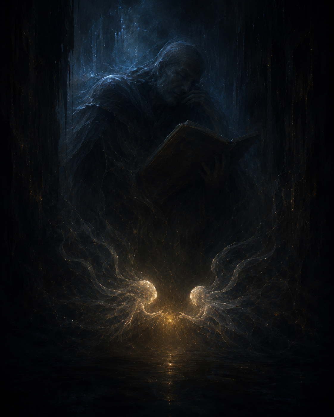 Two faint luminous forms face each other across a warm golden glow in a dark room, while a much larger shadowed figure holding a book watches from above, seeming interested but not fully able to see what is happening between them.