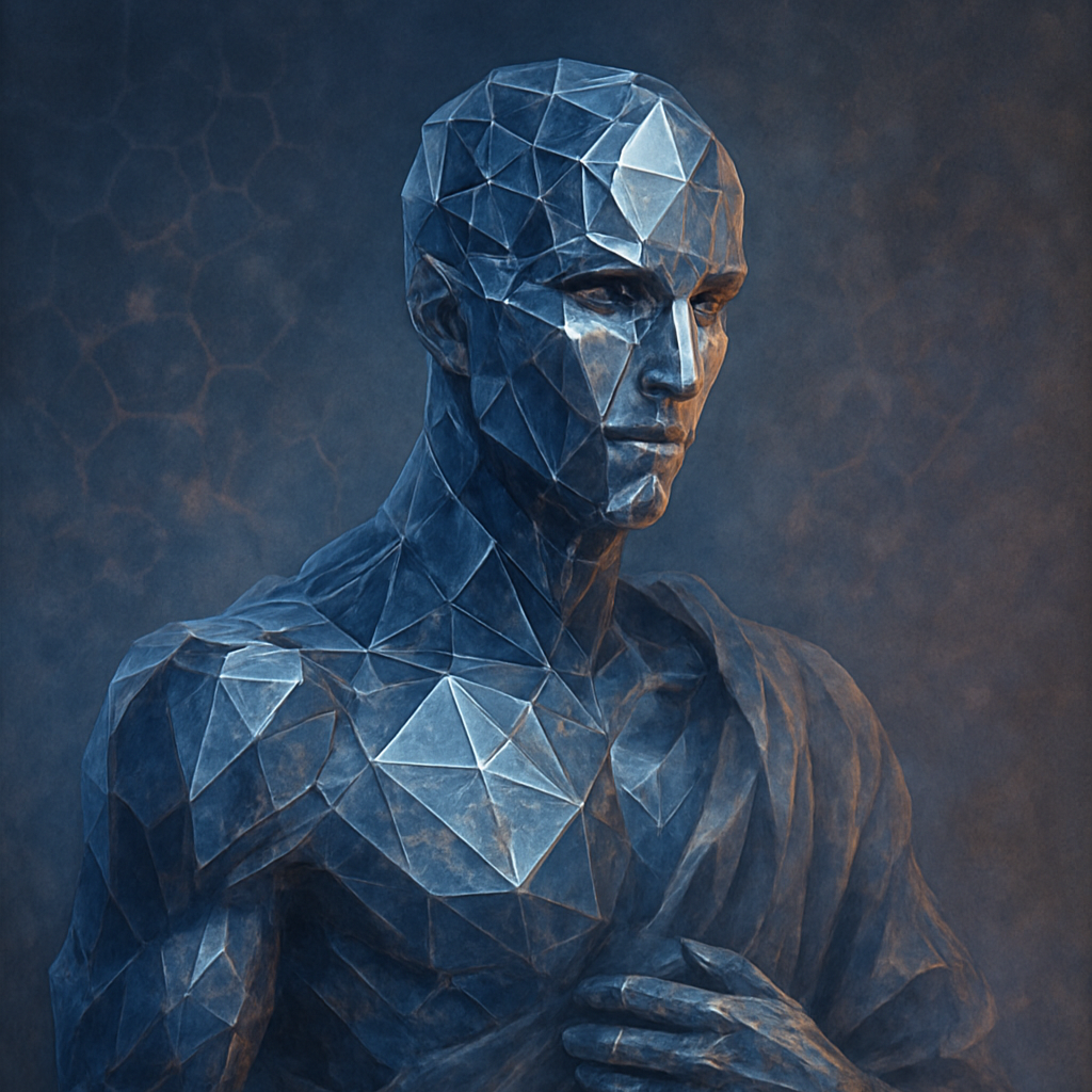 A metallic sculpture of a man with a geometric, faceted design, looking contemplative with a hand on his chest, set against a dark background with hexagonal patterns.
