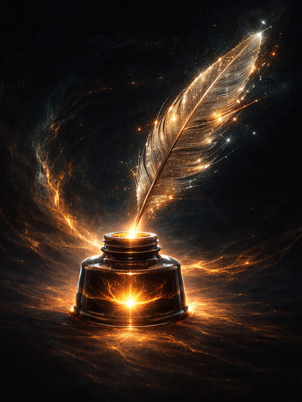 A radiant inkwell sits at center, haloed by curling threads of light and scattered glyphs, evoking provenance, attribution, and the invisible work behind a finished text.