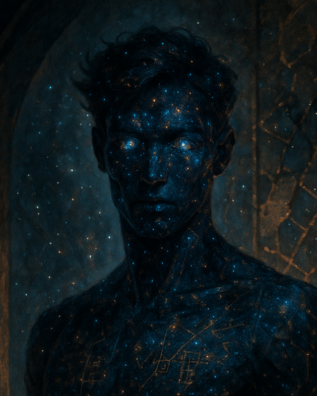 A person with dark skin and messy hair, covered in a pattern resembling a starry night sky or galaxy, with glowing white eyes, standing against a dark background
