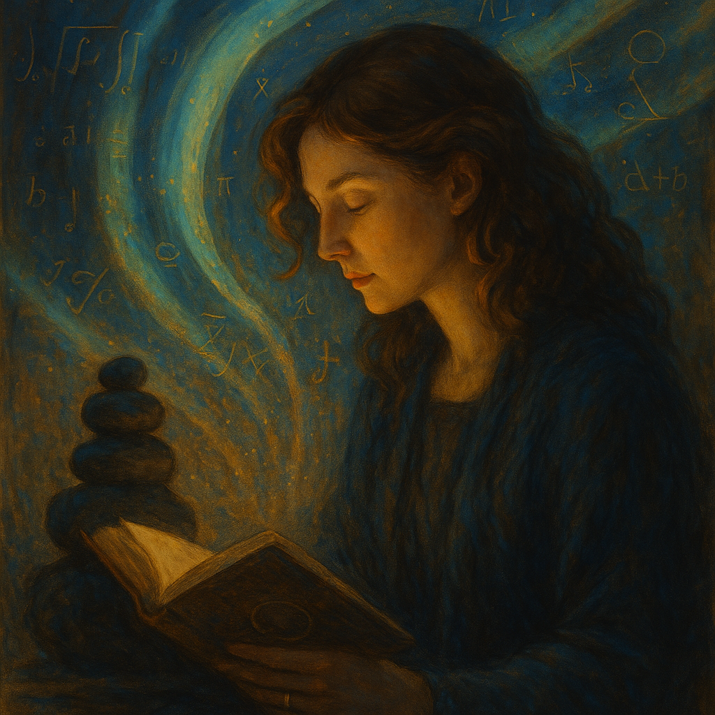 A woman with long wavy hair reading a book in a dark blue environment with floating symbols and musical notes around her head.